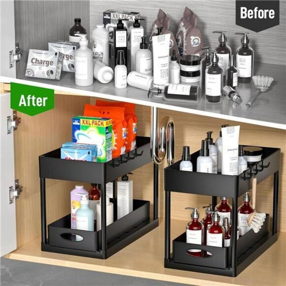 Under Sink Basket Organizer 2 Tier Sliding Storage for Bathroom Kitchen Black - Picture 2 of 7